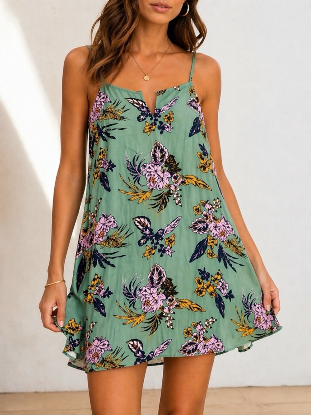 Maaji Green Tropical Floral Slip Dress Size Medium V-Neck Strappy Mini Cover-Up